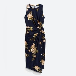 Fitted Knit Midi Wrap Style Navy Floral Pattern Dress